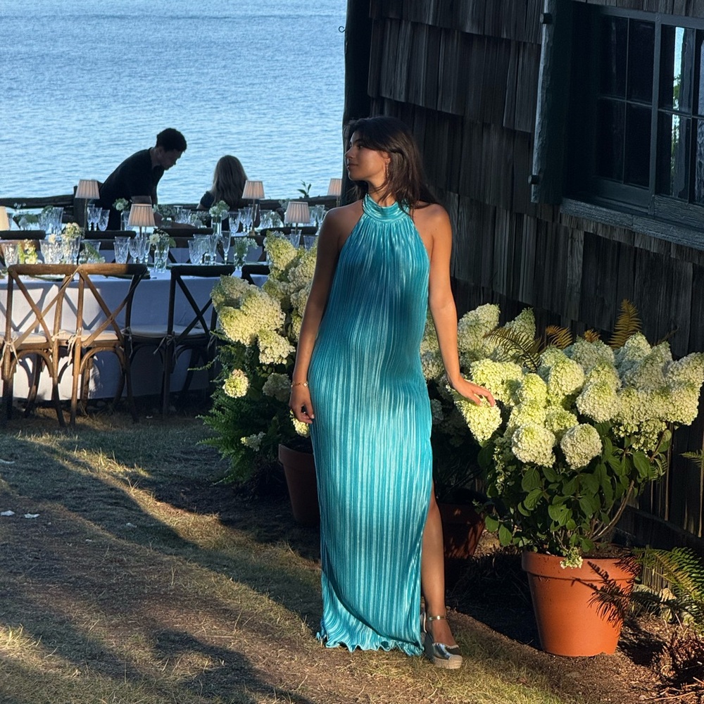 Lulu's Teal Blue Pleated Backless Halter Maxi Dress